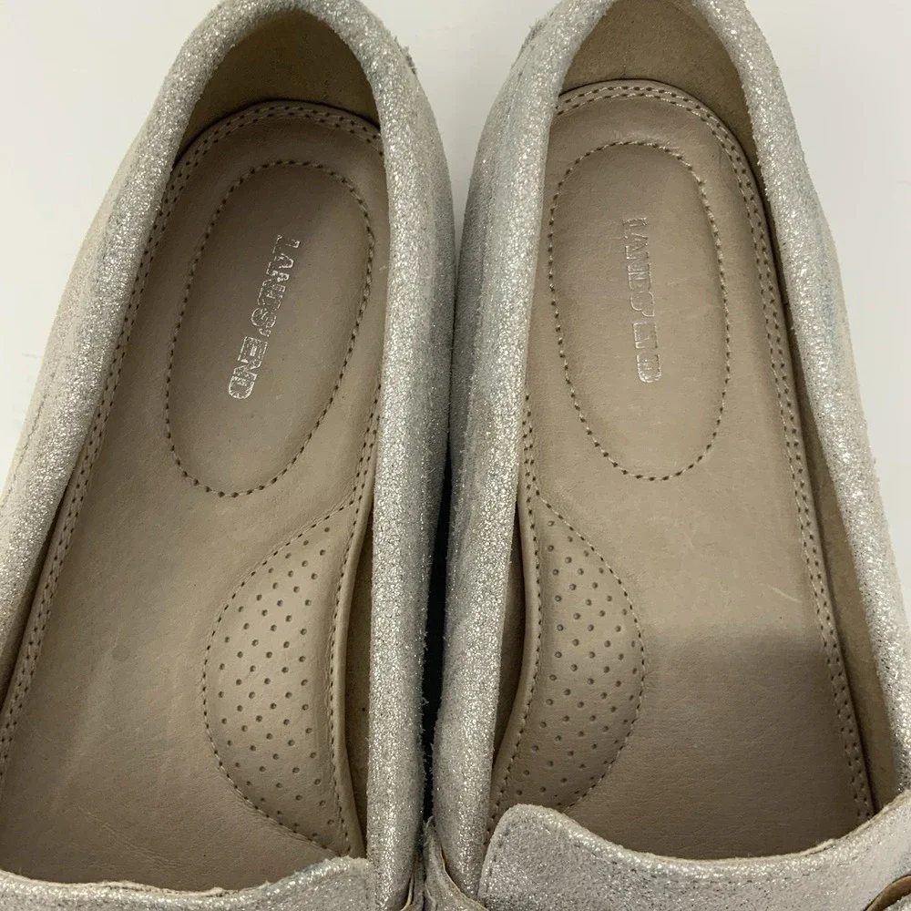LANDS END Womens 8D (Wide)  Metallic Silver Comfort Suede Leather Slip on Loafer